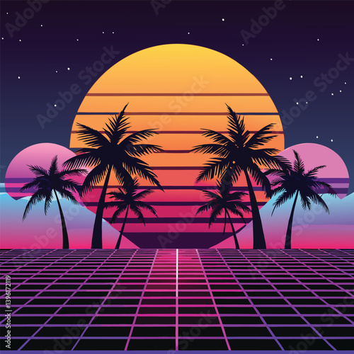 A neon palm tree with a cyberpunk sunset on a beach, tropical island paradise, with palm trees under a summer sunset sky