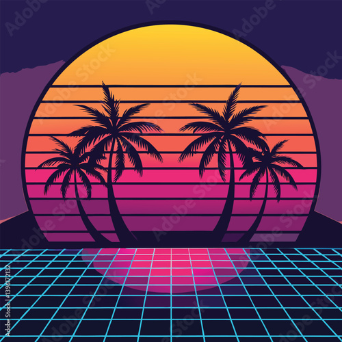 A neon palm tree with a cyberpunk sunset on a beach, tropical island paradise, with palm trees under a summer sunset sky