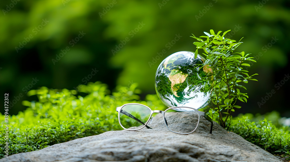 Earth Globe On Stone With Plants And Glasses