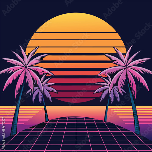 A neon palm tree with a cyberpunk sunset on a beach, tropical island paradise, with palm trees under a summer sunset sky