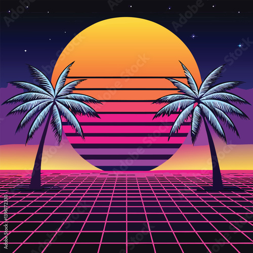 A neon palm tree with a cyberpunk sunset on a beach, tropical island paradise, with palm trees under a summer sunset sky