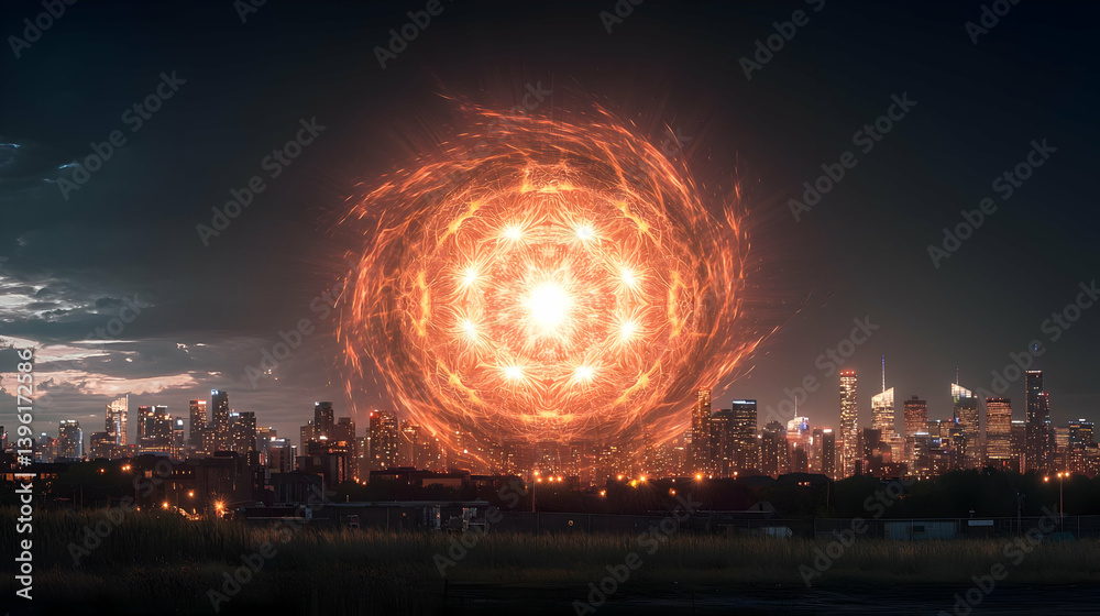 Fototapeta premium Glowing Energy Orb Over Night Cityscape