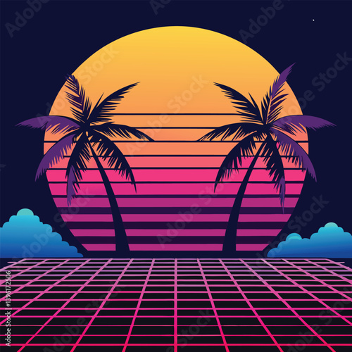A neon palm tree with a cyberpunk sunset on a beach, tropical island paradise, with palm trees under a summer sunset sky