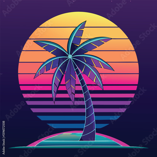 A neon palm tree with a cyberpunk sunset on a beach, tropical island paradise, with palm trees under a summer sunset sky
