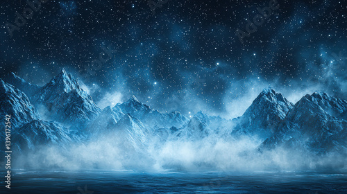 Fototapeta Naklejka Na Ścianę i Meble -  A breathtaking panoramic view of a majestic, snow-covered mountain range under a vibrant, starlit night sky with a serene, misty lake in the foreground creating a mystical winter