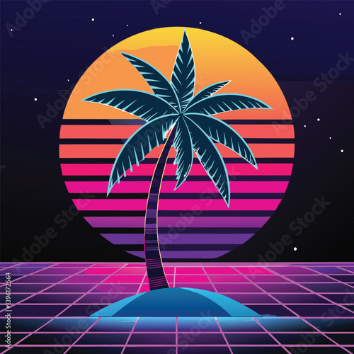 A neon palm tree with a cyberpunk sunset on a beach, tropical island paradise, with palm trees under a summer sunset sky