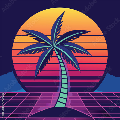 A neon palm tree with a cyberpunk sunset on a beach, tropical island paradise, with palm trees under a summer sunset sky