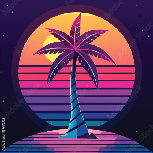 A neon palm tree with a cyberpunk sunset on a beach, tropical island paradise, with palm trees under a summer sunset sky