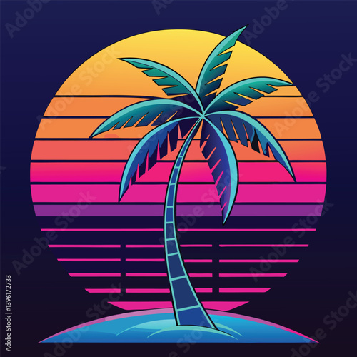 A neon palm tree with a cyberpunk sunset on a beach, tropical island paradise, with palm trees under a summer sunset sky