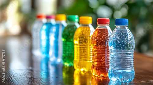 Colorful bottled drinks on a table refreshing beverages water juice soda sports drinks hydration thirst 100