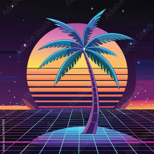 A neon palm tree with a cyberpunk sunset on a beach, tropical island paradise, with palm trees under a summer sunset sky