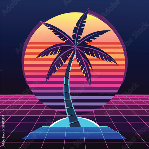 A neon palm tree with a cyberpunk sunset on a beach, tropical island paradise, with palm trees under a summer sunset sky