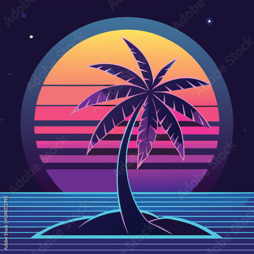 A neon palm tree with a cyberpunk sunset on a beach, tropical island paradise, with palm trees under a summer sunset sky