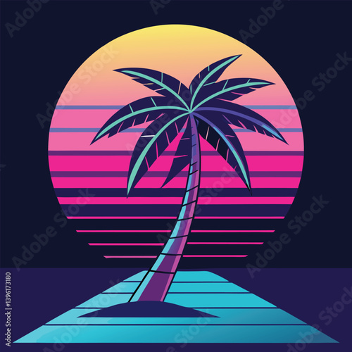 A neon palm tree with a cyberpunk sunset on a beach, tropical island paradise, with palm trees under a summer sunset sky