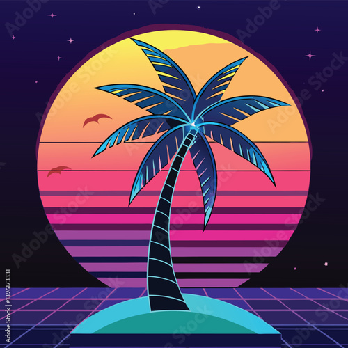 A neon palm tree with a cyberpunk sunset on a beach, tropical island paradise, with palm trees under a summer sunset sky