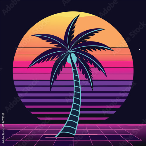 A neon palm tree with a cyberpunk sunset on a beach, tropical island paradise, with palm trees under a summer sunset sky