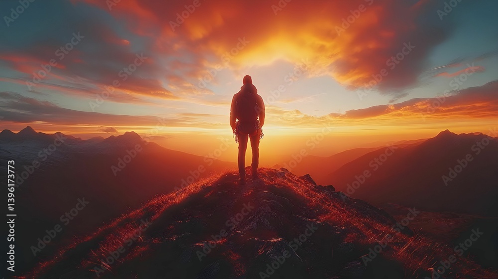 Silhouette of a Person Standing on a Mountain Peak at Sunset - Realistic Image Silhouette of a Person Standing on a Mountain Peak at Sunset - Realistic Image