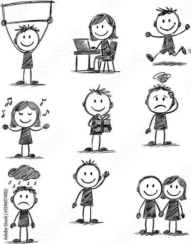  Vector linear figures with different emotions, hand-drawn in one color. A collection of sketch-style figurines depicting various emotions and actions