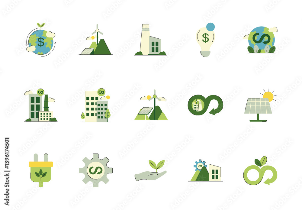 Green Circular Economy Renewable Energy Icons Set Stock Template ...