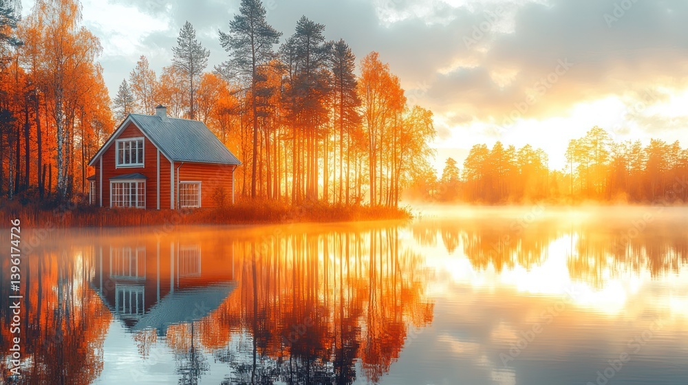 Fototapeta premium Autumn sunrise over a serene lake
