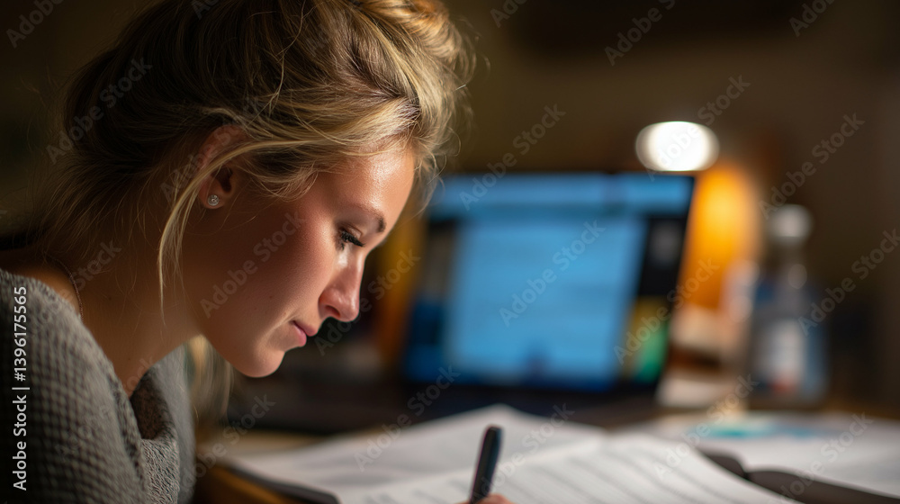 Student highlighting notes in notebook while Zoom class plays on laptop, soft LED lighting Student highlighting notes in notebook while Zoom class plays on laptop, soft LED lighting