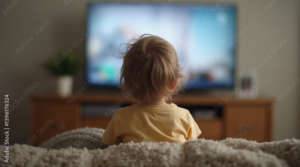 Fototapeta premium Toddler watching television from a cozy bed, back view