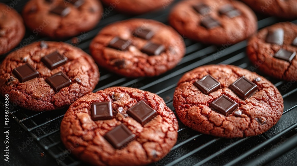 Chocolate chip cookies cooling on rack Chocolate chip cookies cooling on rack