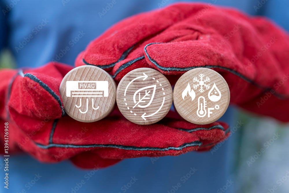 Hands in protective gloves holding wooden blocks with icons symbolizing concept: HVAC. Concept of HVAC or Heating Ventilation Air Conditioning. HVAC engineering.