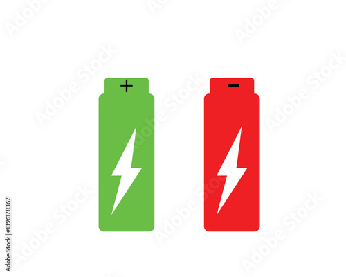 Red and green battery on white background