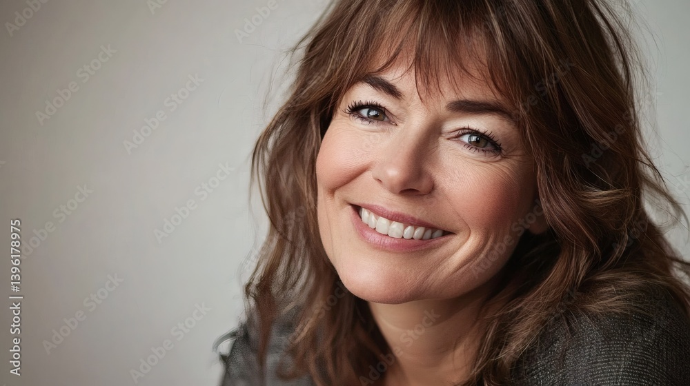 Smiling middle-aged woman naturally looking at camera, close-up portrait with natural lighting and neutral background, authentic expression