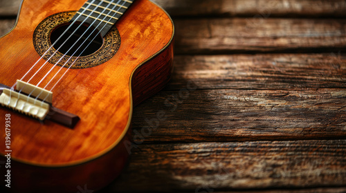 A vintage classical guitar rests on a rustic wooden surface showcasing its rich, warm brown wood grain and intricate details in a high-resolution image perfect for musical