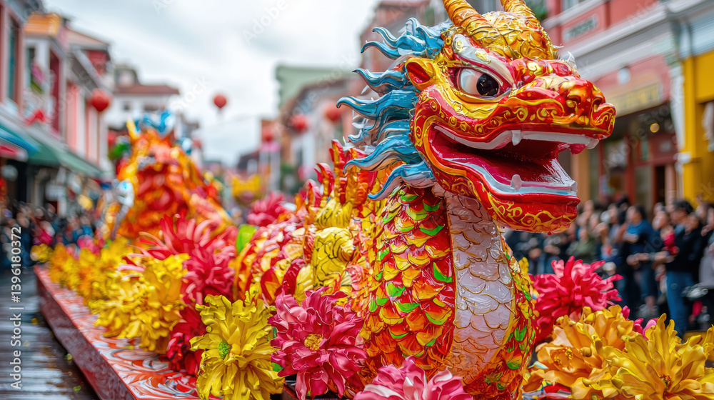 Fototapeta premium A vibrant and colorful Chinese dragon float parades through a festive street, surrounded by chee crowds and adorned with bright yellow and pink chrysanthemum flowers du a