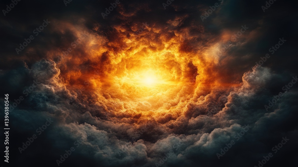 Fiery, celestial, ominous clouds. A swirling vortex of intense light and dark clouds Fiery, celestial, ominous clouds. A swirling vortex of intense light and dark clouds