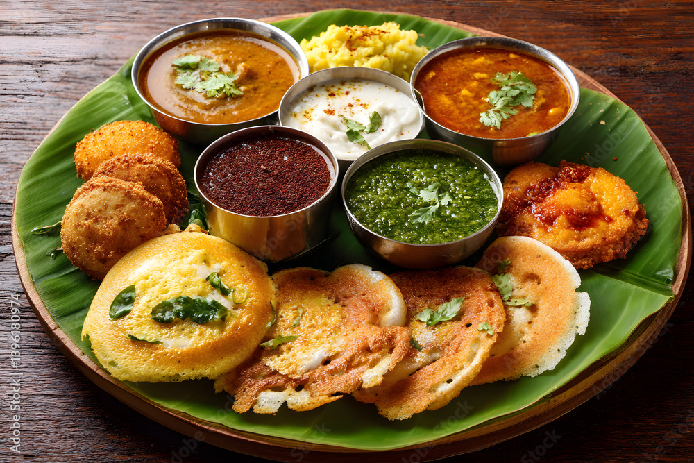 South Indian Thali on Banana Leaf with Sambar, Chutney, and Vada South Indian Thali on Banana Leaf with Sambar, Chutney, and Vada