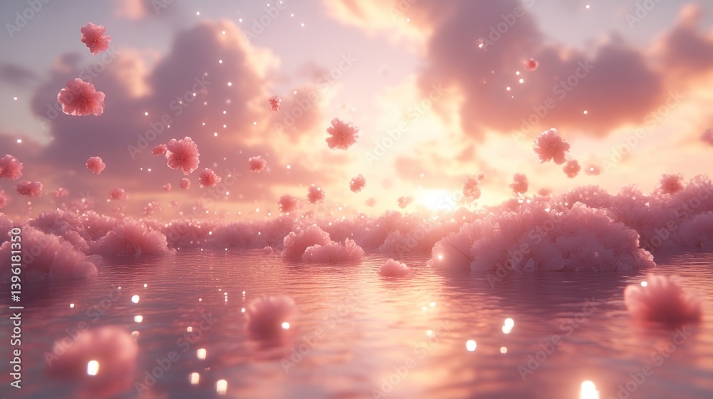 Enchanting Sunset with Floating Flowers and Glittering Lights Enchanting Sunset with Floating Flowers and Glittering Lights