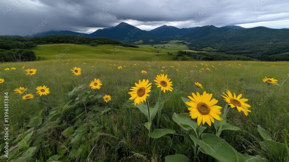 Fototapeta premium Sunflowers bloom in a grassy meadow, under a stormy sky, with a mountain backdrop. Vast landscape