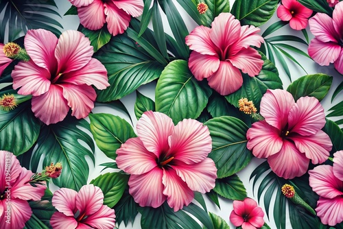 Minimalist Pink Hibiscus Tropical Floral Pattern, Lush Green Leaves