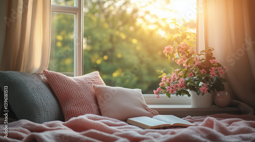 Cozy reading nook with pink pillows, open book and flowers in morning light