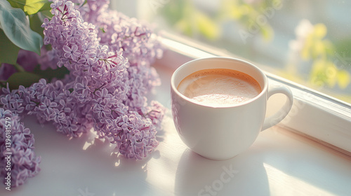 Cup of coffee on windowsill with lilac flowers in spring