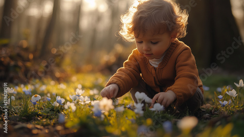 Little child picking flowers in spring forest during golden hour