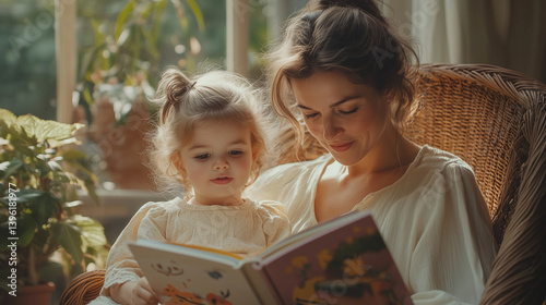 Mother and daughter reading a book together by the window