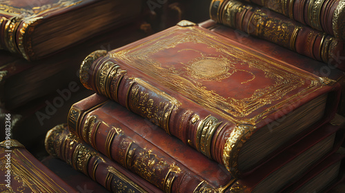 Enchanted tomes and mystical scrolls unlocking the secrets of the wizards ancient library featuring intricate gold embossed leather bound books. Bound Grimoire. Illustration