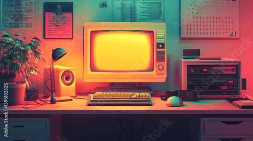 Retro computer setup vintage technology workstation desk old pc nostalgia neon lights aesthetic design