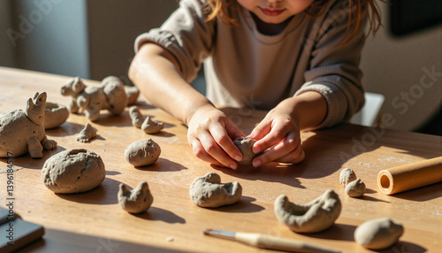Child creating clay figures on a wooden table in sunlight  