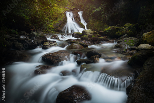 Obraz na płótnie Stunning waterfall in Adjara, Georgia, flowing over moss-covered rocks in a lush green forest. The long exposure effect creates a smooth, silky look to the water. w salonie