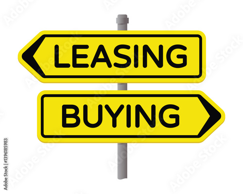 Leasing vs Buying Directional Sign – Yellow Panels with Black Text on a Grey Pole