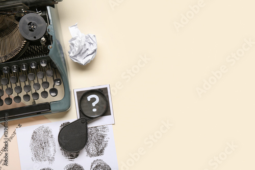 Retro typewriter, magnifier and fingerprints on light background