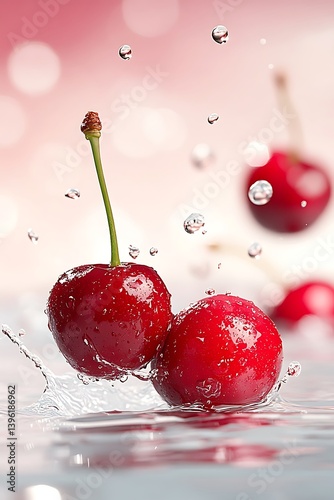 Juicy Cherries Splashing in Water.