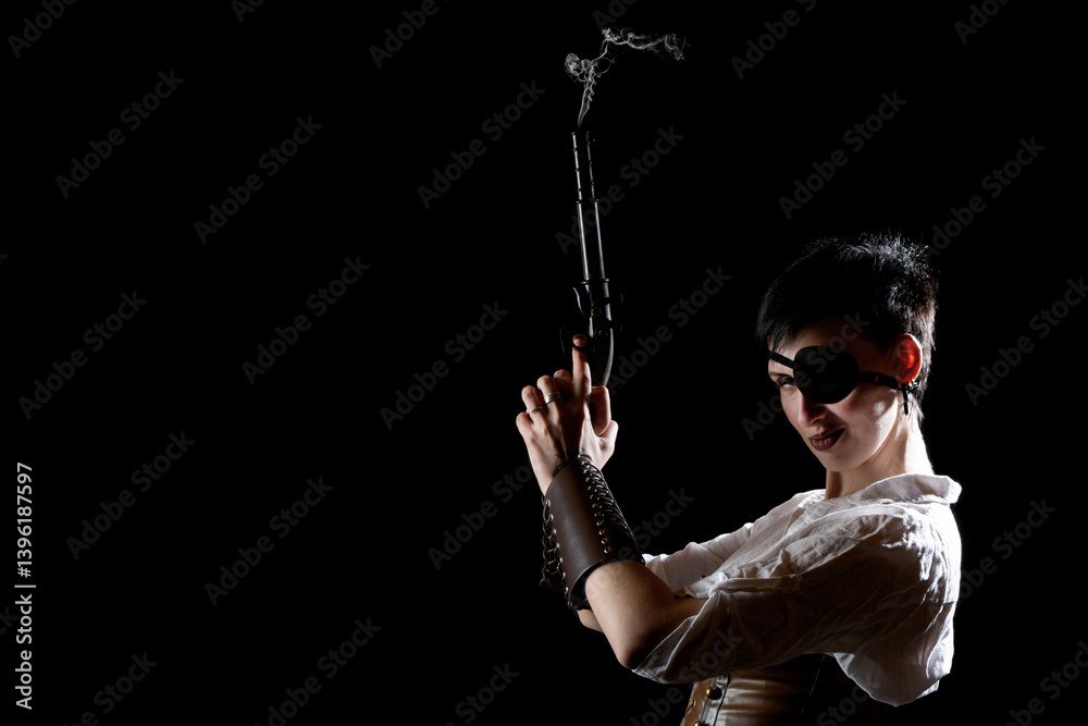 Woman pirate girl with ancient smoking pistol in hands, short hair and eye patch on a black background. Dramatic light.