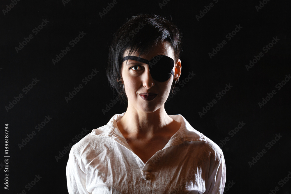 Woman pirate girl with short hair and eye patch in white shirt on a black background. Dramatic light.